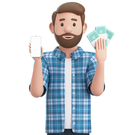 Man Holding Smart Phone And Bunch Of Cash  3D Illustration