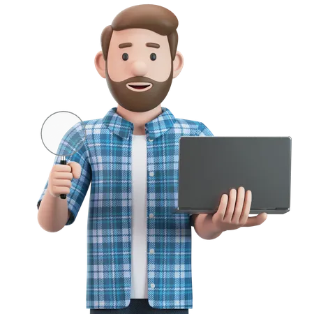 Man Holds A Magnifying Glass And A Laptop In His Hand  3D Illustration