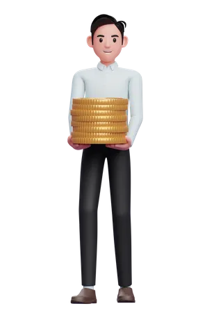 Man in a blue shirt carry piles of gold coins  3D Illustration