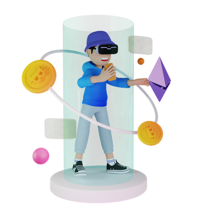 Man investing in crypto using VR tech  3D Illustration