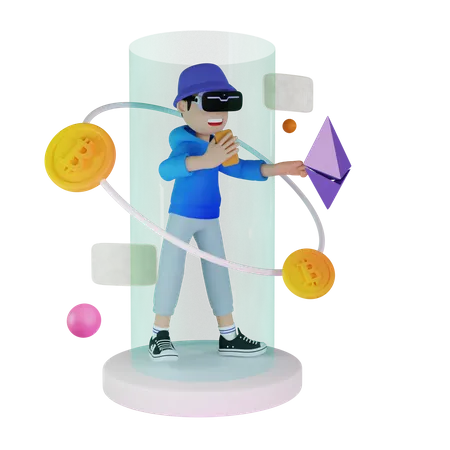 Man investing in crypto using VR tech  3D Illustration