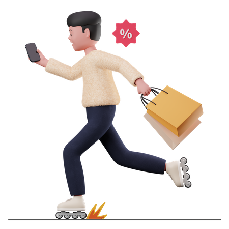 Man running for shopping with shopping bag  3D Illustration