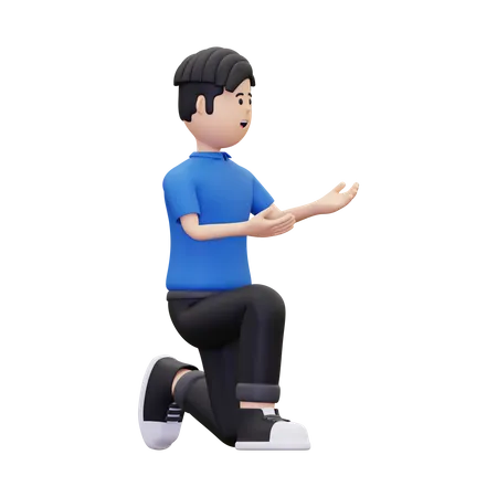 Man sit on knee while showing something right  3D Illustration