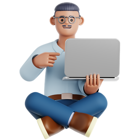 Man Sitting on the Floor with Pointing to laptop  3D Illustration