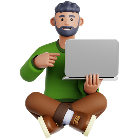 Man Sitting on the Floor with Pointing to laptop  3D Illustration