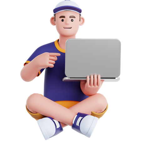 Man Sitting on the Floor with Pointing to laptop  3D Illustration