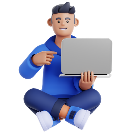 Man Sitting on the Floor with Pointing to laptop  3D Illustration