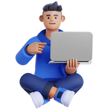 Man Sitting on the Floor with Pointing to laptop  3D Illustration