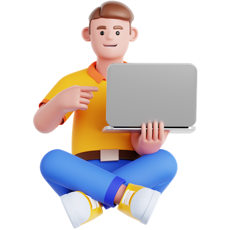 Man Sitting on the Floor with Pointing to laptop  3D Illustration