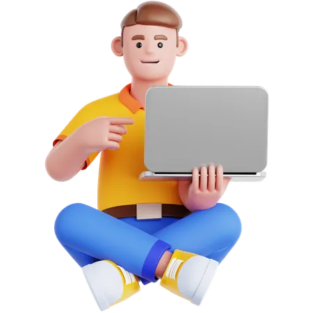 Man Sitting on the Floor with Pointing to laptop  3D Illustration