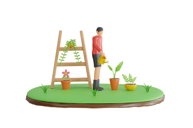 Man Watering Plants  3D Illustration