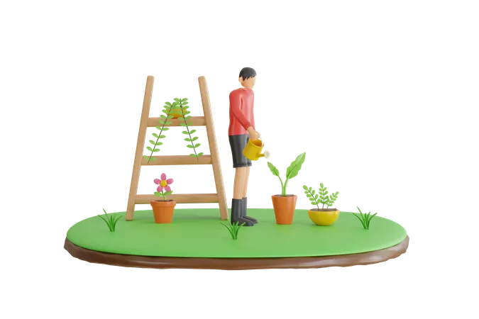 Man Watering Plants  3D Illustration