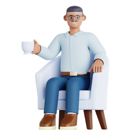 Man With Cup of Drink Sitting on Sofa  3D Illustration