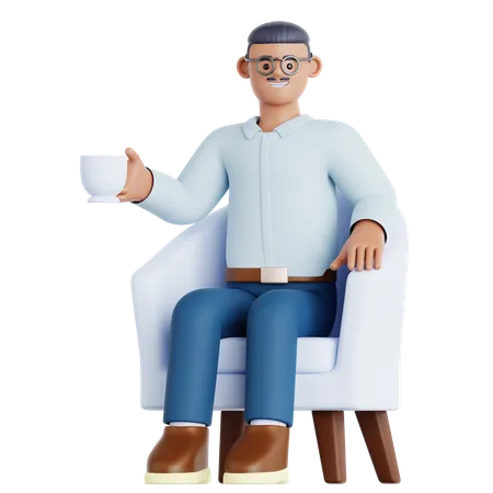 Man With Cup of Drink Sitting on Sofa  3D Illustration