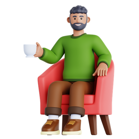 Man With Cup of Drink Sitting on Sofa  3D Illustration