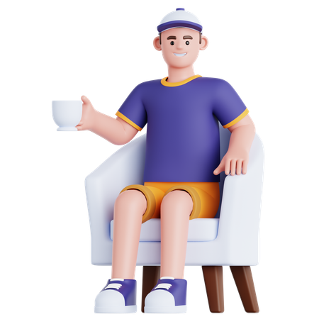 Man With Cup of Drink Sitting on Sofa  3D Illustration