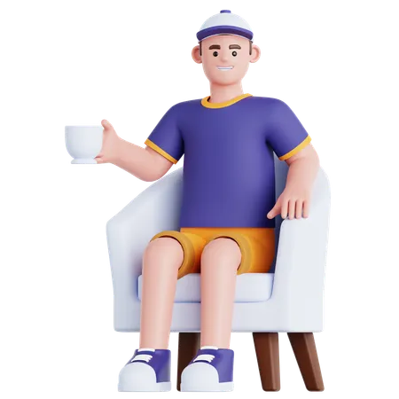 Man With Cup of Drink Sitting on Sofa  3D Illustration