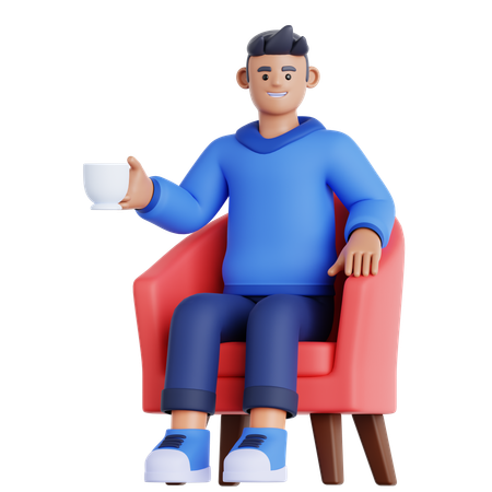 Man With Cup of Drink Sitting on Sofa  3D Illustration