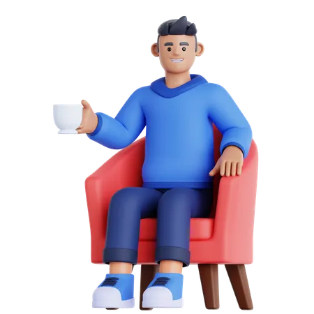 Man With Cup of Drink Sitting on Sofa  3D Illustration