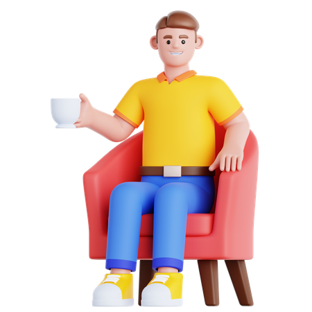 Man With Cup of Drink Sitting on Sofa  3D Illustration