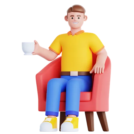 Man With Cup of Drink Sitting on Sofa  3D Illustration