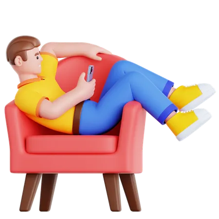 Man with phone Lying on Couch  3D Illustration