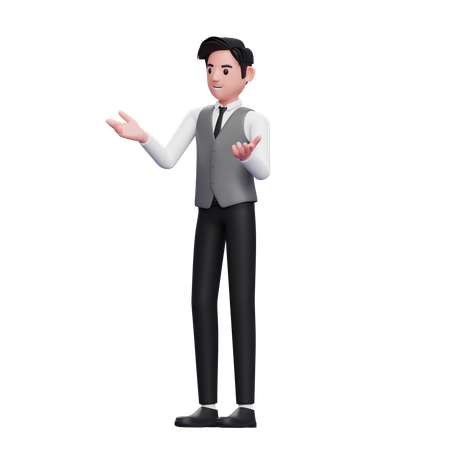 Man with speaking gesture is presenting wearing a gray office vest  3D Illustration