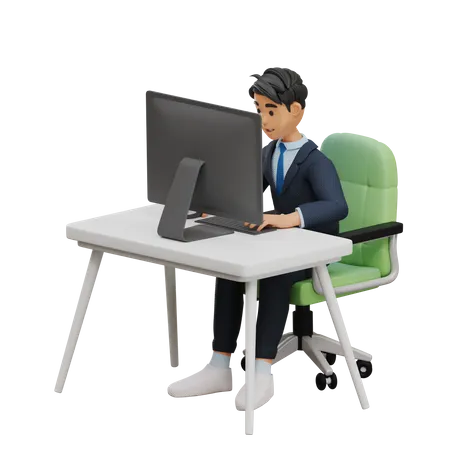 Man Work in Computer Desk  3D Illustration