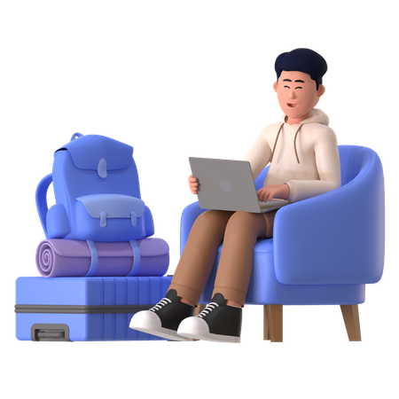 Man Working On Laptop Waiting Room  3D Illustration