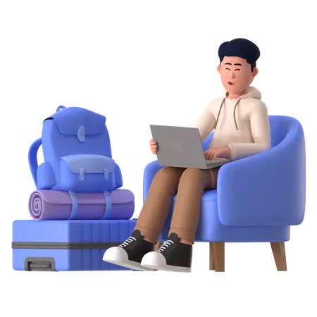 Man Working On Laptop Waiting Room  3D Illustration