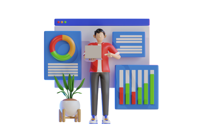 Mann analysiert Marktdaten  3D Illustration