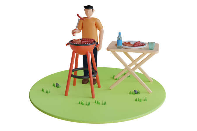 Mann macht Barbecue im Hinterhof  3D Illustration