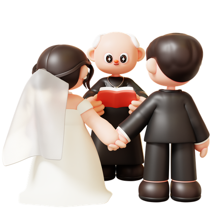 Married Wedding Couple And Priest Holding Bible  3D Illustration