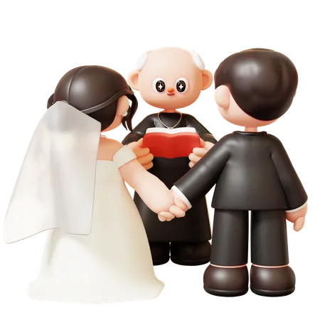 Married Wedding Couple And Priest Holding Bible  3D Illustration