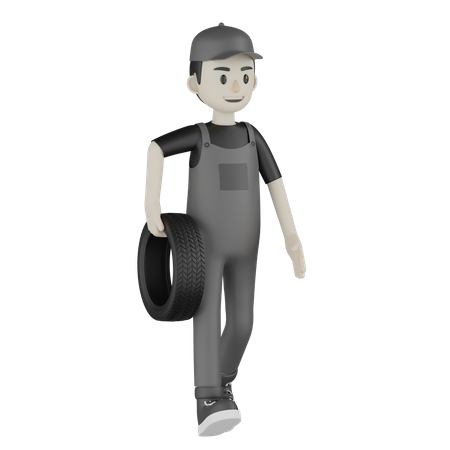 Mechanic Holding Tire  3D Illustration