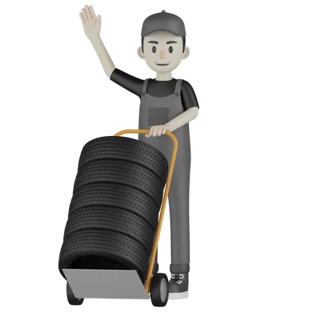 Mechanic Holding Tire Cart  3D Illustration