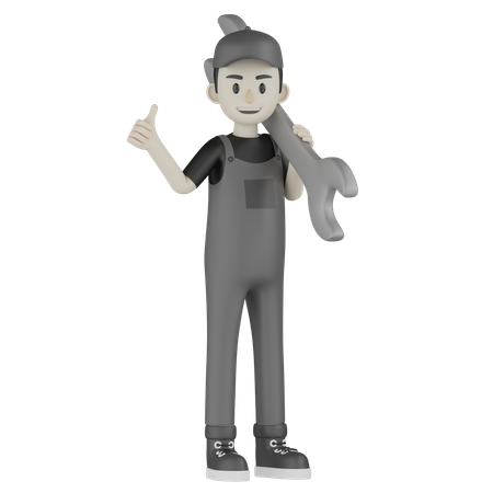 Mechanic Holding Wrench  3D Illustration