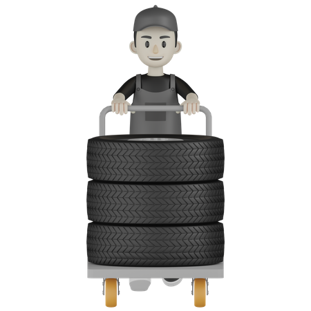 Mechanic Pushing Wheel Trolly  3D Illustration