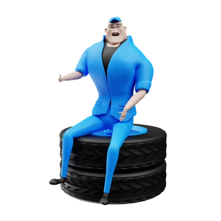 Mechanic sitting on the tier  3D Illustration