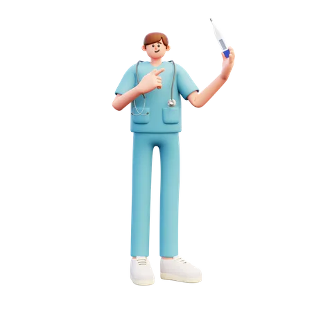 Médico apontando para termômetro  3D Illustration