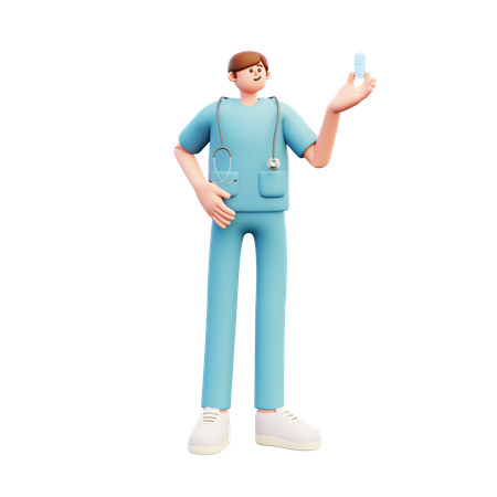 Médico segurando uma pílula grande  3D Illustration