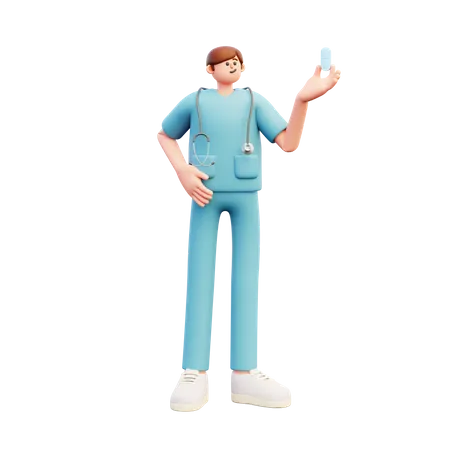 Médico segurando uma pílula grande  3D Illustration