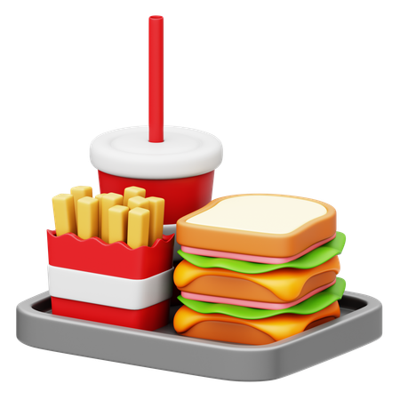 Melt Cheese Overload Sandwich With French Fries and Soft Drink  3D Icon