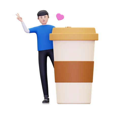 Menino parado ao lado de uma xícara de café  3D Illustration