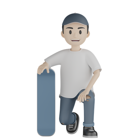 Garoto feliz sentado enquanto segura o skate  3D Illustration