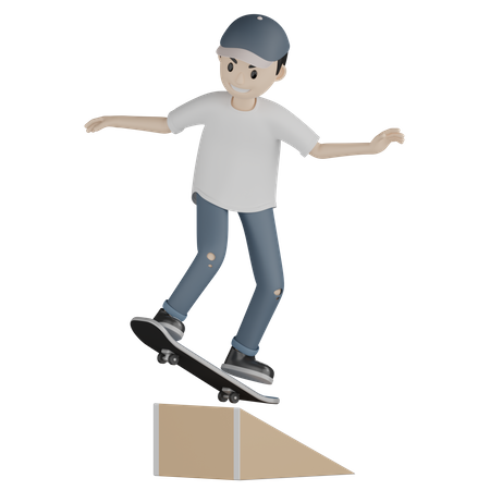 Menino andando de skate na rampa  3D Illustration