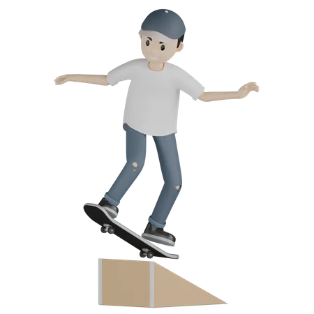 Menino andando de skate na rampa  3D Illustration