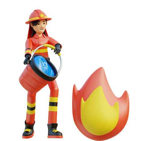 Mujer bombero llevando cubo  3D Illustration