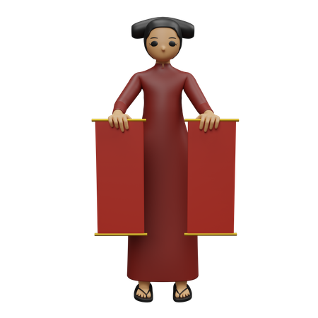 Mujer china sosteniendo pancarta de año nuevo  3D Illustration