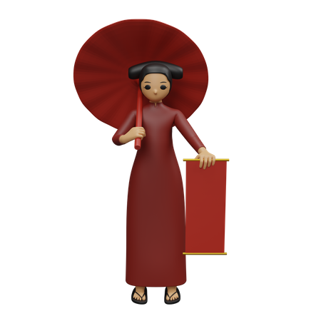 Mujer china sosteniendo paraguas y pancarta  3D Illustration